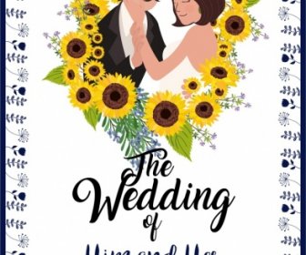 Wedding Card Template Groom Bride Sunflowers Icons Decor