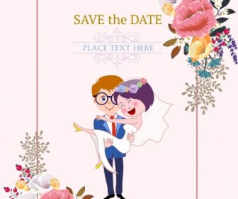 Wedding Card Template Happy Couple Icon Flowers Decor