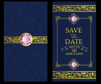 Wedding Card Template Luxury Gems Decor Blue Background