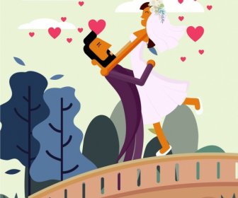 婚禮的浪漫幸福的夫婦繪製彩色卡通設計