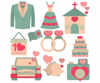 Ikon Pernikahan Menetapkan Sketsa Simbol Retro Datar Yang Elegan