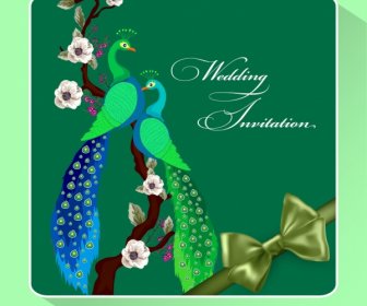 Wedding Invitation Card Template Green Peafowl Ribbon Ornament