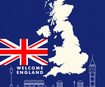 Welcome England Poster Flat Map Silhouette Symbols Elements Sketch