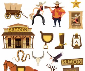 Western Cowboy Design Elements Colored Classic Symbols Sketch