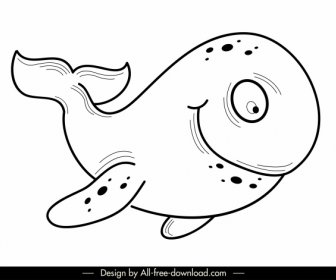 Whale Icon Black White Handdrawn Sketch Cartoon Character