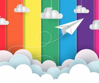 Weißes Papier Flugzeuge Fliegen Auf Dem Hintergrund Regenbogen Bunt, Während Fliegen über Einer Wolke Kreative Idee Illustration Cartoon Vektor