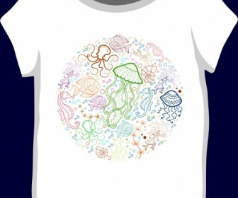 Camiseta Branca Design Decoração De ícones De Criaturas Marinhas