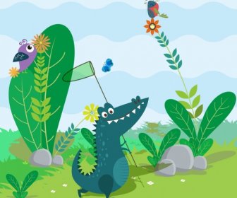 Wild Animal Background Colored Cartoon Stylized Crocodile Icon