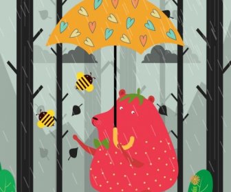 Wildes Tier Hintergrund Regen Regenschirm Bär Ikonen
