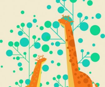 ยีราฟวาดสัตว์ป่าต้นไม้การ์ตูนสีไอคอน