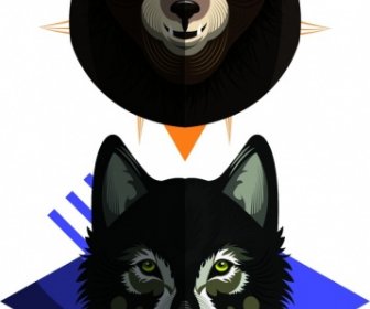 Animais Selvagens ícones Urso Lobo Decoração Chefes