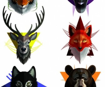 Wild Animal Icons Collection Colored Symmetric Heads Decor