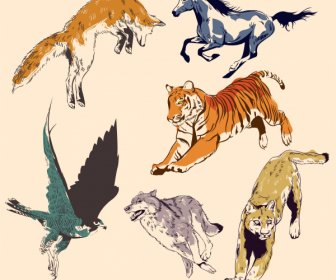 Iconos Animales Salvajes Gesto Movimiento Boceto Dibujado A Mano Vintage