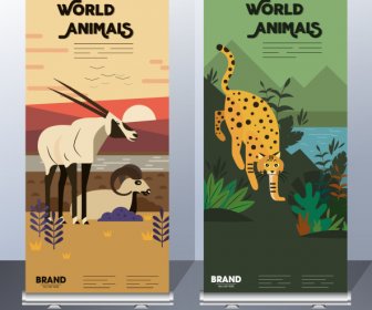 Wild Animals Banners Antelope Leopard Sketch Colorful Classic