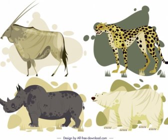 Wild Animals Icons Antelope Leopard Rhino Bear Sketch