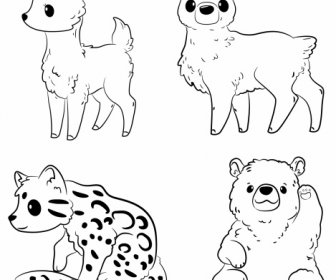 Animali Selvatici Icone Nero Bianco Schizzo Disegnato A Mano