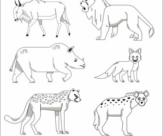 Animali Selvatici Icone Nero Bianco Schizzo Disegnato A Mano