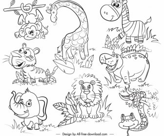 Animales Salvajes Iconos Diseño De Dibujos Animados Blanco Negro Dibujado A Mano