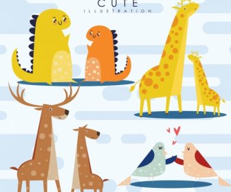 Wild Animals Icons Cute Dinosaurs Giraffes Reindeer Birds