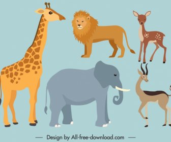 Wild Animals Icons Flat Cartoon Sketch