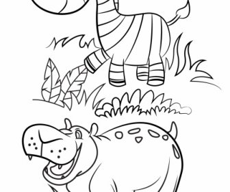 Wild Animals Icons Horse Hippo Cartoon Sketch