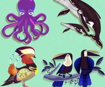 Animais Selvagens ícones Octopus Baleias Pássaros Esboço