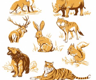 Animales Salvajes Iconos Retro Dibujado A Mano Boceto