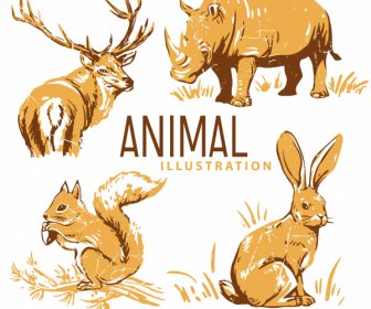 야생 동물 아이콘 복고풍 순록 코뿔소 토끼 다람쥐 스케치