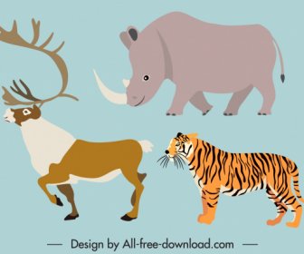 Wild Animals Icons Rhino Tiger Reindeer Sketch
