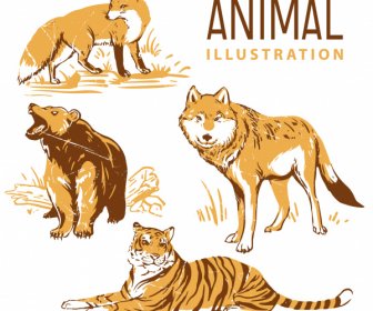 Wild Animals Species Icons Vintage Handdrawn Sketch