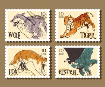 Wild Animals Stamps Vorlage Dynamische Handgezeichnete Retro-Skizze
