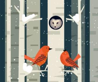 Wild Birds Background Winter Forest Icon Flat Design