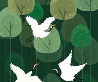 диких птиц, рисование зеленые деревья украшения