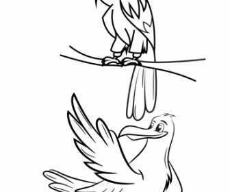 Uccelli Selvatici Icone Nero Bianco Schizzo Disegnato A Mano
