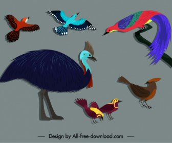 Wild Birds Icons Colorful Flat Sketch