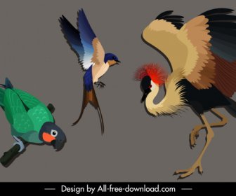 Wild Birds Species Icons Parrot Crane Woodpecker Sketch