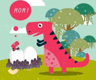 Wilde Dinosaurier Mutter Kind Symbol Farbige Karikatur Zeichnung