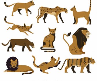 Wild Feline Animals Icons Classical Flat Sketch