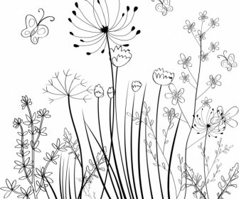 Wilde Blumen Feld Hintergrund Schwarz Weißen Skizze
