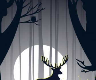 Wild Forest Background Moonlight Reindeer Icon Silhouette Style