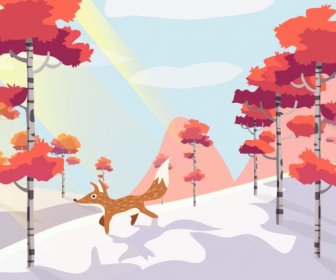 Wild Forest Disegno Foglie Rosse Fox Icone Decorazione