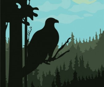 Cena Da Floresta Selvagem Pintando Esboço De águia Silhueta Escura