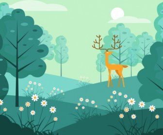 Wildes Leben Hintergrund Rentier Grünland Symbole Cartoon-design