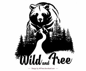 Vida Selvagem Bandeira Urso Floresta Esboço Preto Branco Clássico