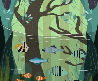 Vita Selvaggia Pesce Mare Foresta Icone Design Classico Di Disegno