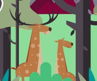Wild Life Drawing Reindeer Forest Icons Cartoon Design