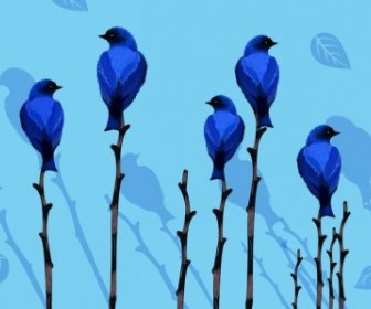 Wild Life Dipinto Blue Arredamento Uccelli Alberi Icone