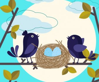 Дикая природа фон птица гнезда значок цветной мультфильм