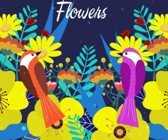 Naturaleza Salvaje Fondo Blooming Flores Iconos De Pájaros
