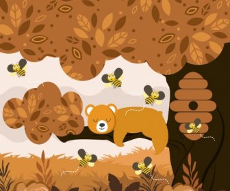 야생의 자연 갈색 배경 디자인 곰 꿀벌 아이콘